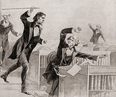 Preston Smith Brooks, zagorzały zwolennik niewolnictwa, zaatakował laską senatora Charlesa Sumnera, abolicjonistę, na podłodze Senatu Stanów Zjednoczonych, 22 maja autorstwa American School