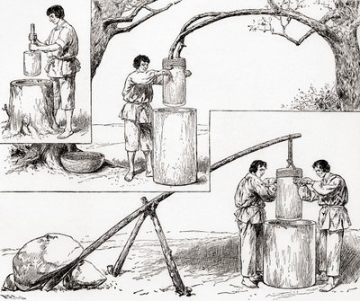 Prymitywne sposoby mielenia kukurydzy, z „The Century Illustrated Monthly Magazine”, opublikowanego w 1884 r. (drewno) autorstwa American School