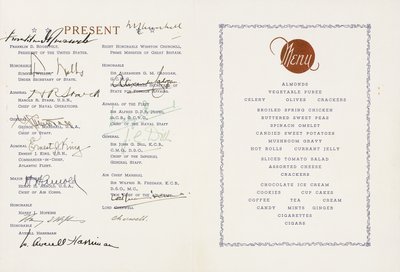 Drukowane menu podpisane przez Winstona Churchilla i Franklina D. Roosvelta, okręt flagowy Stanów Zjednoczonych Augusta, Ship