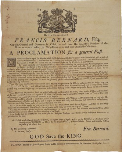 Proklamacja w imieniu Francisa Bernarda, gubernatora Massachusetts Bay: ogłoszenie dnia postu podczas wojny francusko-indyjskiej, 8 kwietnia 1761 autorstwa American School