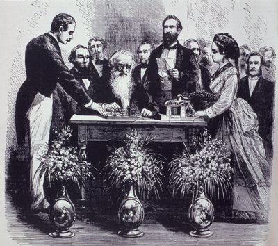 Profesor Samuel Finley Breese Morse (1791-1872) wyjaśnia funkcję swojego wynalazku autorstwa American School