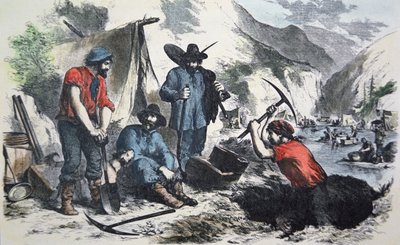 Poszukiwacze podczas kalifornijskiej gorączki złota 1849 (kolor lito) autorstwa American School