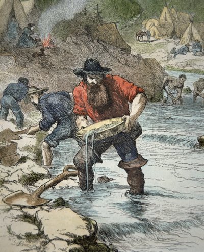 Poszukiwacze płukania złota podczas kalifornijskiej gorączki złota 1849 (kolorowe grawerowanie) autorstwa American School