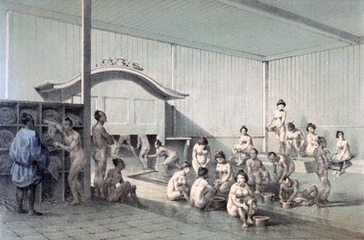 Łaźnia publiczna w Simoda, 1856 (kolorowa akwatinta) autorstwa American School