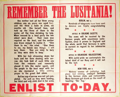 "Pamiętaj o Lusitanii" - plakat rekrutacyjny z I wojny światowej autorstwa American School