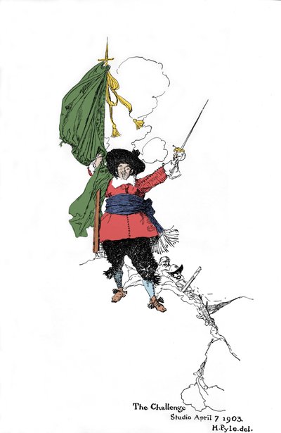 Przedstawienie pirata rzucającego wyzwanie - W „Księdze piratów Buccaneers and Marooners of the Spanish Main” Howarda Pyle
