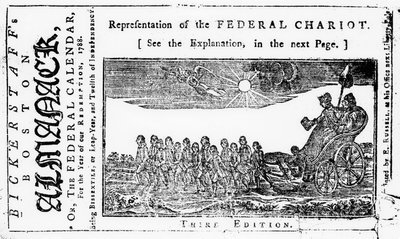 Reprezentacja Federalnego Rydwanu, ilustracja na okładce z Bickerstaffs Boston Almanack, opublikowana w 1788 r. autorstwa American School