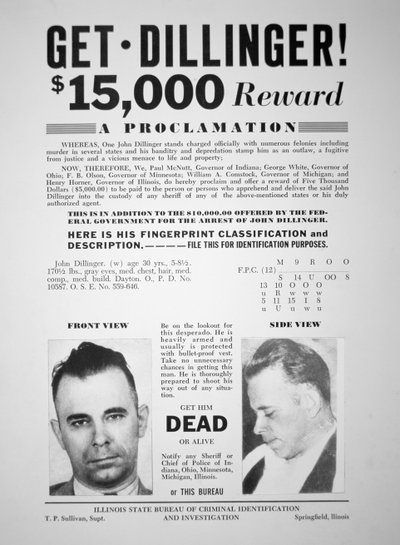 Plakat z nagrodami dla Johna Dillingera autorstwa American School
