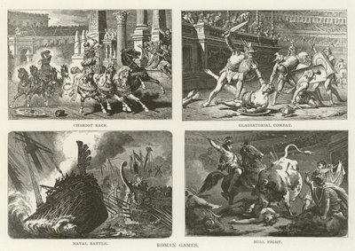 Igrzyska rzymskie, wyścig rydwanów, walka gladiatorów, bitwa morska, walka byków autorstwa American School
