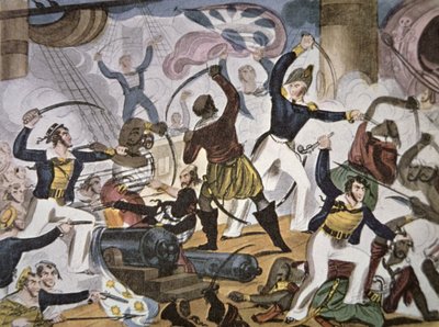 Marynarze Królewskiej Marynarki Wojennej na pokład statku pirackiego Algerine, ok. 1820 (kolor lito) autorstwa American School