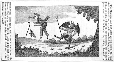 Szatan kopiący Józefa Smitha (1805-44) z ostatniej strony Almanachu Antymormonów z 1842 r. autorstwa American School