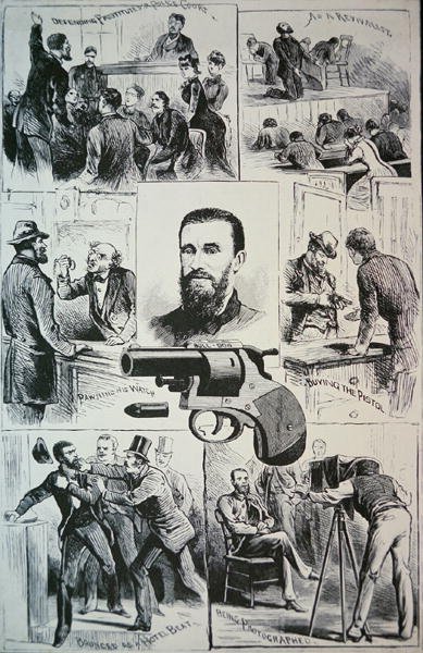 Sceny z życia zabójcy Charlesa Julesa Guiteau (1841-82) i pistoletu, którego użył do zabicia prezydenta Jamesa A. Garfielda (1831-81) 1881 (litografia) autorstwa American School
