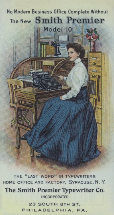 Sekretarka w biurze z nową maszyną do pisania Smith Premier (kolorowa litografia) autorstwa American School