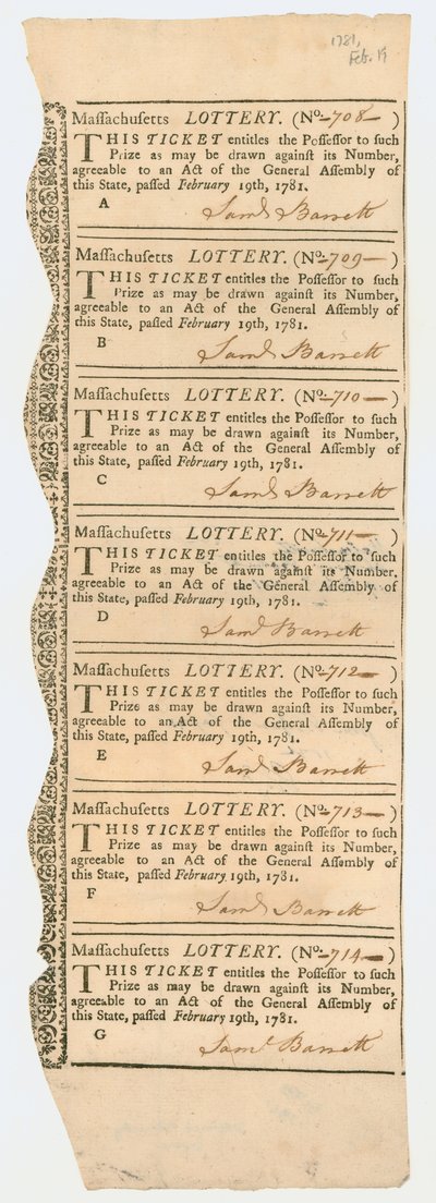 Arkusz kuponów loteryjnych, loteria Massachusetts, 1781 r. autorstwa American School
