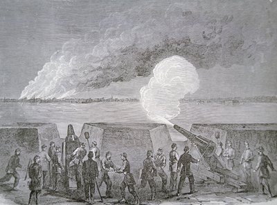 Oblężenie Charleston, miasta płonącego pod bombardowaniem, 3 stycznia 1864, z tygodnika Harpera (grawerowanie) autorstwa American School