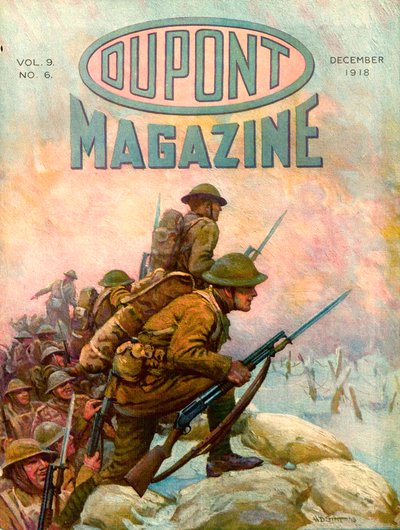 Żołnierze w okopach, przednia okładka magazynu DuPont, grudzień 1918 r. autorstwa American School