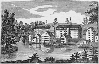 South-East View of the Factories at Yantic Falls, Norwich, z "Conecticut Historical Collections", John Warner Barber, 1856 r. autorstwa American School