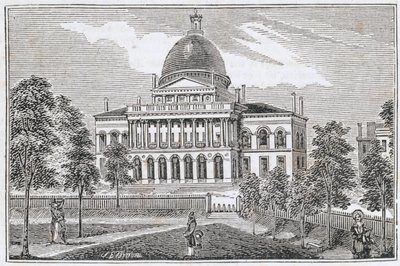 Widok południowy na State House w Bostonie przy Beacon Street, z „Historical Collections of Massachusetts”, autorstwa Johna Warnera Barbera, grawerowany przez SE Browna, 1839 autorstwa American School