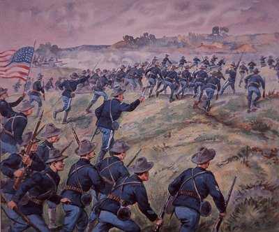 Wojna hiszpańsko-amerykańska 1898, wojska amerykańskie szturmują wzgórza San Juan na Kubie (kolor lito) autorstwa American School