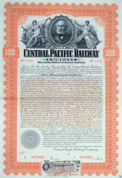 Wzór świadectwa obligacji na 1000 dolarów dla Central Pacific Railway Company, 1899 autorstwa American School