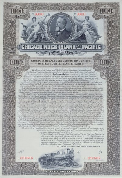 Wzór świadectwa obligacji na 1000 dolarów dla Chicago, Rock Island i Pacific Railway Company, 1898 autorstwa American School