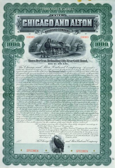 Wzór świadectwa obligacji na 1000 dolarów dla Chicago and Alton Railroad Company, 1899 autorstwa American School