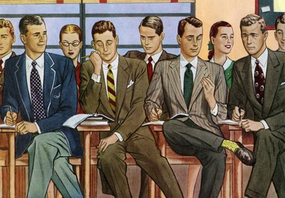 Studenci przy biurkach siedzący w klasie szkolnej z lat 40. XX wieku autorstwa American School