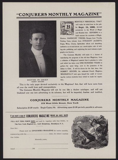Formularz subskrypcji miesięcznika Conjurers, redaktor naczelny Harry Houdini (lito) autorstwa American School