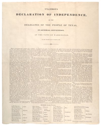 Deklaracja Niepodległości Teksasu: jednomyślna deklaracja niepodległości, wydrukowana przez Bakera i Bordensa, 2 marca 1836 r autorstwa American School
