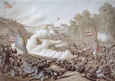 Bitwa pod Koryntem, 3-4 października 1862, pokazująca flagi Północy i Południa, Kurz & Allison (kolor lito) autorstwa American School