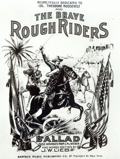 „The Brave Rough Riders”, okładka utworu, wydrukowana przez Bartsch Music Publishing Co, Nowy Jork autorstwa American School
