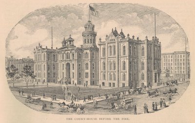 Sąd przed ogniem, wydrukowany przez Moss Engraving Co., Nowy Jork, ilustracja z Historii Chicago tom. 2 Alfreda Theodore