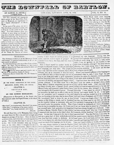 Upadek Babilonu, ilustracja z broszury antykatolickiej przedstawiająca zakonnicę wrzucającą zamordowane niemowlę do dołu, 1836 (druk gazetowy) autorstwa American School