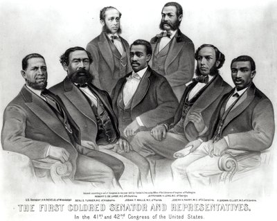 Pierwszy Kolorowy Senator i Reprezentanci na 41. i 42. Kongresie Stanów Zjednoczonych, wyd. autorstwa Currier i Ives, 1872 (lito) (zdjęcie w pakiecie) autorstwa American School