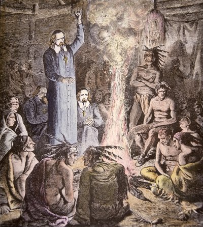 Francuski jezuita misjonarz Brebeuf wśród Algonquins (kolor lito) autorstwa American School