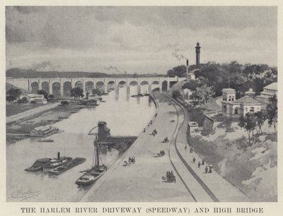 Podjazd nad rzeką Harlem (żużel) i wysoki most (zdjęcie czarno-białe) autorstwa American School