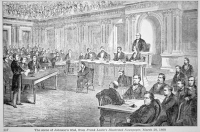 Impeachment prezydenta Johnsona w 1868 r., ilustracja z „Gazety Franka Lesliego”, 28 marca 1868 r. (lito) autorstwa American School