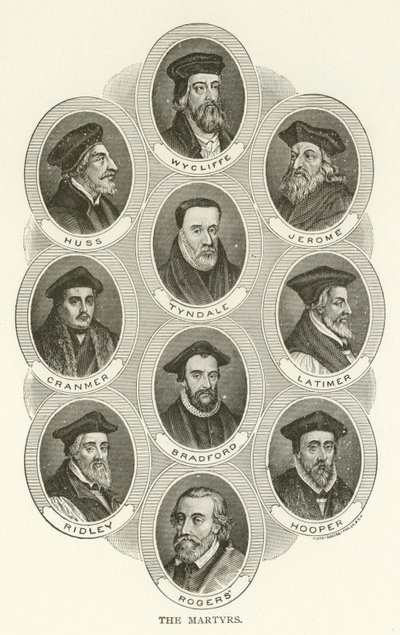 Męczennicy, Wycliffe, Huss, Jerome, Tyndale, Cranmer, Latimer, Bradford, Ridley, Hooper, Rogers autorstwa American School