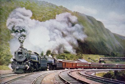 Nowy Jork do Chicago Express przy Horse-Shoe Curve, Alleghany, ok. 1930 (kolor lito) autorstwa American School