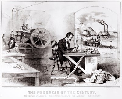 The Progress of the Century: The Lightning Steam Press, Electric Telegraph, Locomotive and the Steamboat, wyd. autorstwa Currier i Ives, 1876 autorstwa American School
