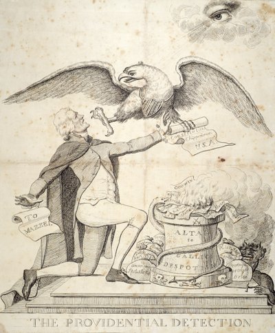 The Providential Detection, rysunek przedstawiający Thomasa Jeffersona (1743-1826) próbującego zniszczyć Konstytucję autorstwa American School