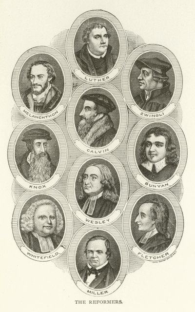 Reformatorzy, Luter, Melanchton, Zwingli, Calvin, Knox, Bunyan, Wesley, Whitefield, Fletcher, Miller autorstwa American School