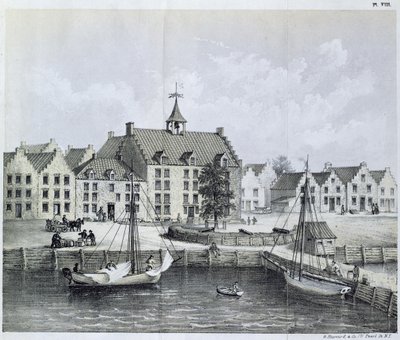 Stadthuys of New York w 1679, Corner of Pearl Street i Coentijs Slip, z Journal of a Voyage to New York w 1679-80 autorstwa Jaspera Danckaertsa (ur. 1639) i Petera Sluytera (1645-1722), opublikowane w 1867 autorstwa American School