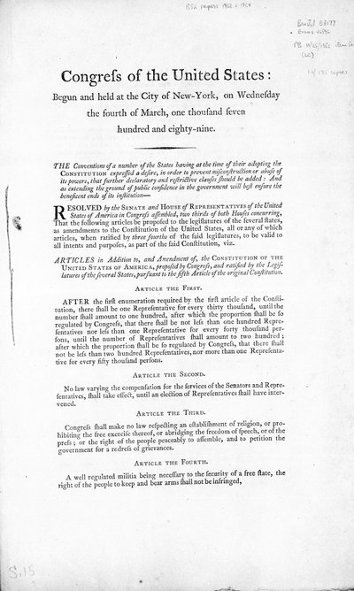 Karta Praw Stanów Zjednoczonych, ukończona 1789 (druk) autorstwa American School