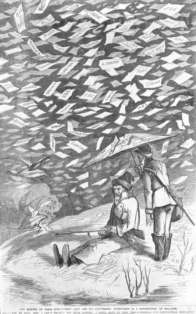 Zima ich niezadowolenia, Jeff i jego porucznik wyprzedzeni w śnieżnej burzy głosów, c.1894 autorstwa American School