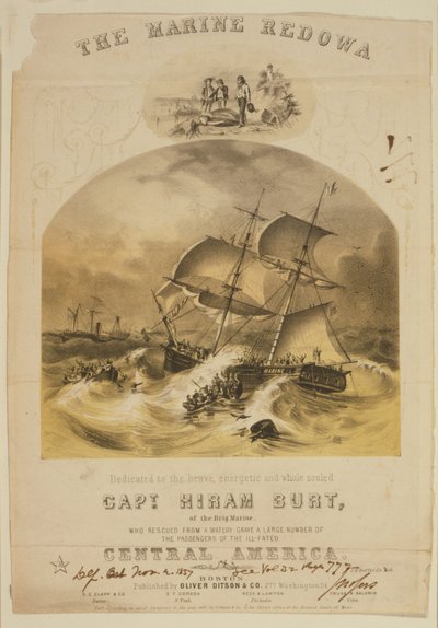 Bryg Marine ratujący pasażerów w łodziach ratunkowych z parowca SS Central America po tym, jak został złapany przez huragan u wybrzeży Karoliny we wrześniu 1857 roku. Ponad 550 utonęło i 30 000 funtów (14 000 kg) kalifornijskiego złota zginęło. autorstwa American School
