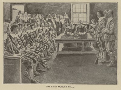 Pierwszy proces o morderstwo w Nowej Anglii (litografia) autorstwa American School