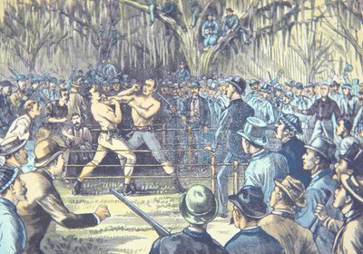 Ostatnia walka o mistrzostwo boksu na gołe pięści w 1889 roku, John L. Sullivan kontra Jake Kilrain w Richburg, Mississippi (kolor litho) autorstwa American School