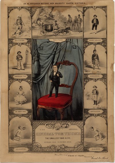 Oryginalny generał Tom Thumb: najmniejszy żyjący człowiek, wyd. autorstwa Curriera i Ivesa, 1860 autorstwa American School