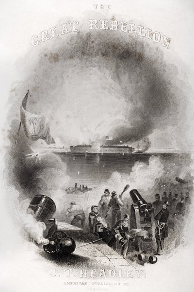 Ilustracja na stronie tytułowej przedstawiająca atak na Fort Sumter w 1861 r. z „Wielkiego buntu” J.T. Headley, opublikowano 1866 autorstwa American School